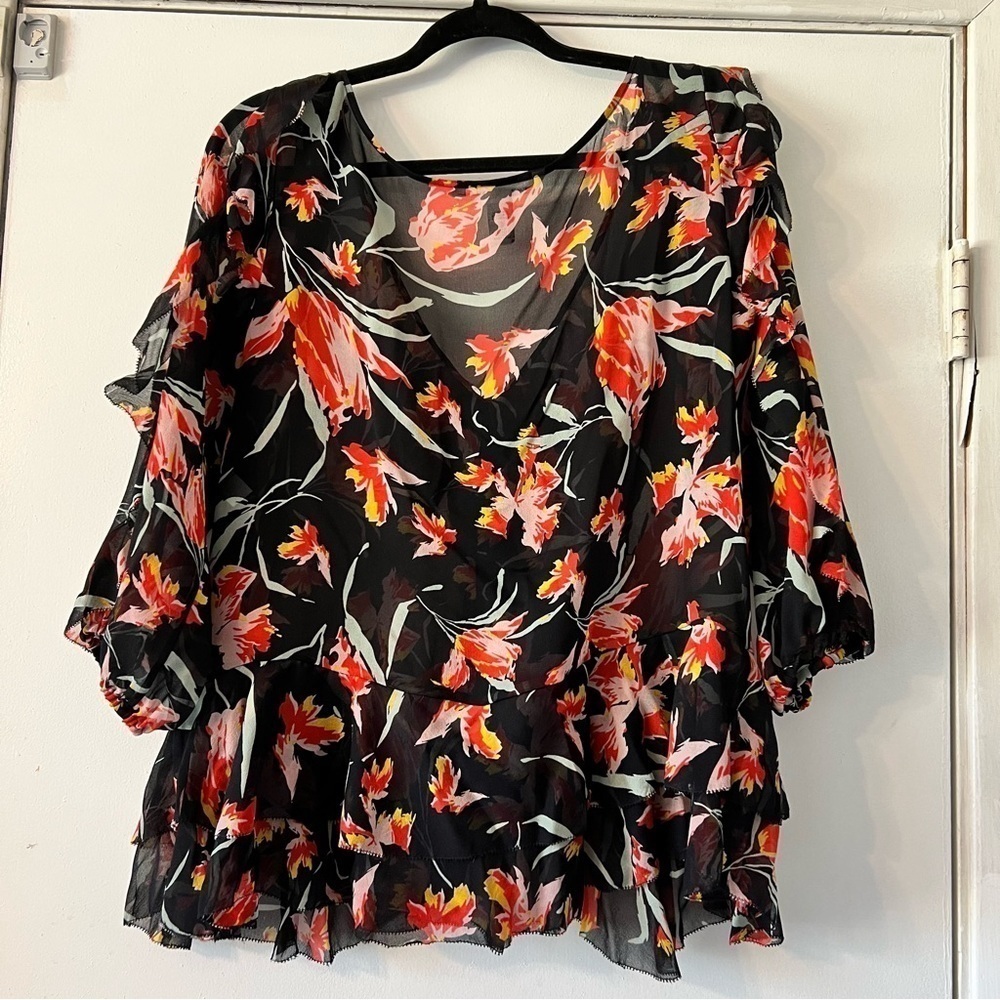 Diane Von Furstenburg Benedetta Floral Silk Top Chiffon Tiered Ruffle 12 Red